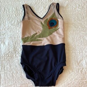 Child Large, Tiger Friday Leotard. Navy, tan, peacock feather detail.
